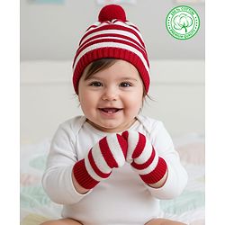 Babyhug Organic Cotton Knit Striped Woollen Cap & Mittens Blue - Diameter 11 cm