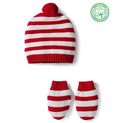 Babyhug Organic Cotton Knit Striped Woollen Cap & Mittens Blue - Diameter 11 cm
