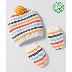 Babyhug Organic Cotton Woollen Knit Cap & Mittens Set with Stripes & Applique Multicolor - Diameter 19 cm