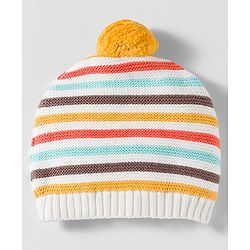 Babyhug Organic Cotton Woollen Knit Cap & Mittens Set with Stripes & Applique Multicolor - Diameter 19 cm
