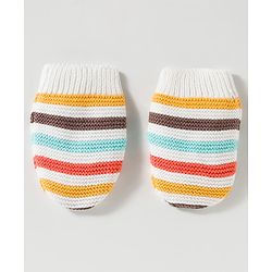 Babyhug Organic Cotton Woollen Knit Cap & Mittens Set with Stripes & Applique Multicolor - Diameter 19 cm