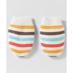 Babyhug Organic Cotton Woollen Knit Cap & Mittens Set with Stripes & Applique Multicolor - Diameter 19 cm