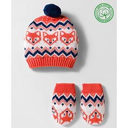 Babyhug Organic Cotton Knit Woollen Cap & Mittens With Fox Design Pink & White - Diameter 15.25 cm