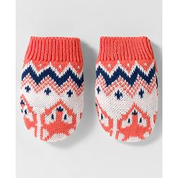 Babyhug Organic Cotton Knit Woollen Cap & Mittens With Fox Design Pink & White - Diameter 15.25 cm