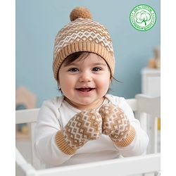Babyhug Organic Cotton Knit Designed Woollen Cap & Mittens Beige - Diameter 11 cm