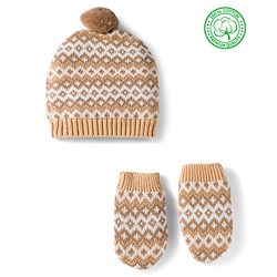 Babyhug Organic Cotton Knit Designed Woollen Cap & Mittens Beige - Diameter 11 cm