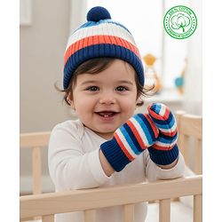 Babyhug Woollen Caps & Mitten Set with Stripes Navy Blue White - Diameter 12 cm
