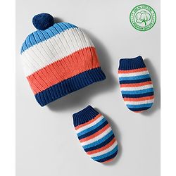 Babyhug Woollen Caps & Mitten Set with Stripes Navy Blue White - Diameter 12 cm