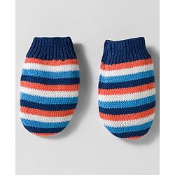 Babyhug Woollen Caps & Mitten Set with Stripes Navy Blue White - Diameter 12 cm