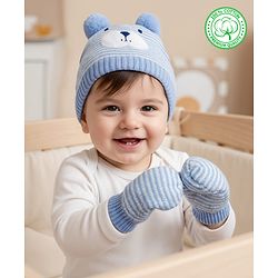 Babyhug Organic Cotton Knit Woollen Cap & Mittens With Teddy & Ear Applique Light Blue & White - Diameter 9 cm