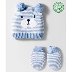 Babyhug Organic Cotton Knit Woollen Cap & Mittens With Teddy & Ear Applique Light Blue & White - Diameter 9 cm