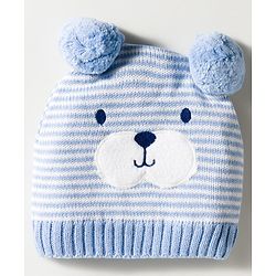 Babyhug Organic Cotton Knit Woollen Cap & Mittens With Teddy & Ear Applique Light Blue & White - Diameter 9 cm