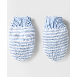 Babyhug Organic Cotton Knit Woollen Cap & Mittens With Teddy & Ear Applique Light Blue & White - Diameter 9 cm