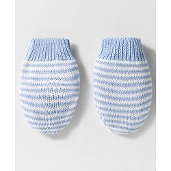 Babyhug Organic Cotton Knit Woollen Cap & Mittens With Teddy & Ear Applique Light Blue & White - Diameter 9 cm