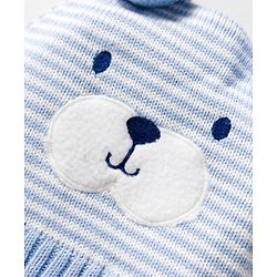 Babyhug Organic Cotton Knit Woollen Cap & Mittens With Teddy & Ear Applique Light Blue & White - Diameter 9 cm