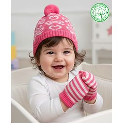 Babyhug Organic Cotton Woollen Knit Cap & Mittens Set with Stripe Bow & Hearts Design Pink - Diameter 17 cm