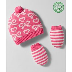 Babyhug Organic Cotton Woollen Knit Cap & Mittens Set with Stripe Bow & Hearts Design Pink - Diameter 17 cm