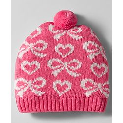 Babyhug Organic Cotton Woollen Knit Cap & Mittens Set with Stripe Bow & Hearts Design Pink - Diameter 17 cm