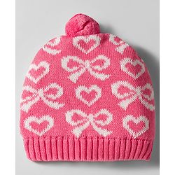 Babyhug Organic Cotton Woollen Knit Cap & Mittens Set with Stripe Bow & Hearts Design Pink - Diameter 17 cm