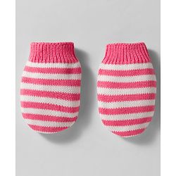 Babyhug Organic Cotton Woollen Knit Cap & Mittens Set with Stripe Bow & Hearts Design Pink - Diameter 17 cm