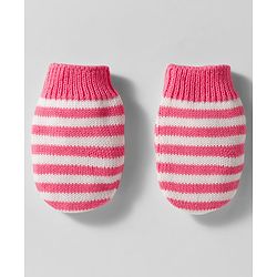 Babyhug Organic Cotton Woollen Knit Cap & Mittens Set with Stripe Bow & Hearts Design Pink - Diameter 17 cm