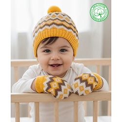 Babyhug Organic Cotton Woollen Knit Cap & Mittens Set with Fair Isle Design Mustard - Diameter 17 cm
