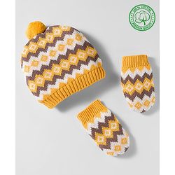 Babyhug Organic Cotton Woollen Knit Cap & Mittens Set with Fair Isle Design Mustard - Diameter 17 cm