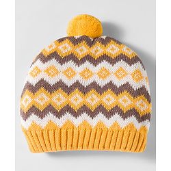 Babyhug Organic Cotton Woollen Knit Cap & Mittens Set with Fair Isle Design Mustard - Diameter 17 cm