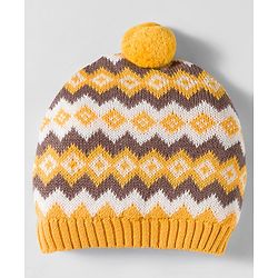 Babyhug Organic Cotton Woollen Knit Cap & Mittens Set with Fair Isle Design Mustard - Diameter 17 cm