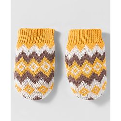 Babyhug Organic Cotton Woollen Knit Cap & Mittens Set with Fair Isle Design Mustard - Diameter 17 cm