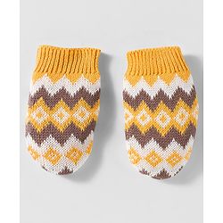 Babyhug Organic Cotton Woollen Knit Cap & Mittens Set with Fair Isle Design Mustard - Diameter 17 cm