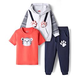 Babyhug Terry Knit Full Sleeves Hooded Front Zipper Jacket T-Shirt & Joggers with Animal Print - Red Navy Blue & White
