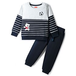 Babyhug Interlock Knit Full Sleeves Striped T-Shirt & Lounge Pant Set with Bear Print - Navy Blue