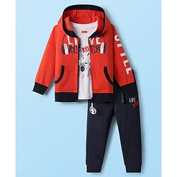 Babyhug Terry Knit Full Sleeves Hooded Front Zipper Jacket T-Shirt & Joggers with Live Rock Text Print - Red & White