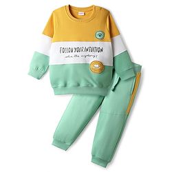 Babyhug Terry Knit Full Sleeves T-Shirt & Lounge Pant Set With Text Print - Multicolor