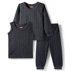 Babyhug Knit Full Sleeves Solid Color Pullover & Sleeveless Thermal Vests & Pant Set - Charcoal Grey