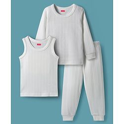 Babyhug Knit Full Sleeves Solid Color Pullover & Sleeveless Thermal Vests & Pant Set - Offwhite