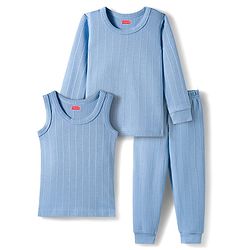 Babyhug Knit Full Sleeves Solid Color Pullover & Sleeveless Thermal Vests & Pant Set - Blue