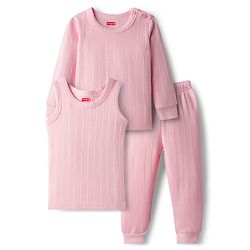Babyhug Knit Full Sleeves Solid Color Pullover & Sleeveless Thermal Vest & Pant Set - Pink