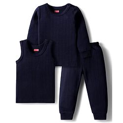 Babyhug Knit Full Sleeves Solid Color Pullover Thermal Inner Wear Set - Navy Blue