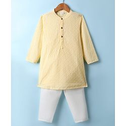 Babyhug Cotton Woven Full Sleeves Kurta Pyjama Set with Embroidery - Yellow & White