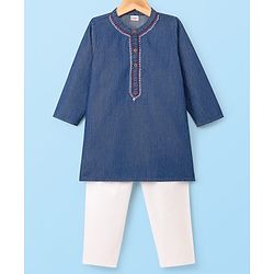 Babyhug Cotton Woven Full Sleeves Kurta Pyjama Set With Embroidery Detailing - Navy Blue & White