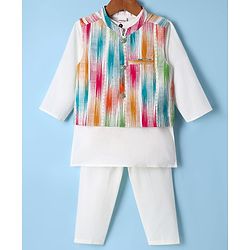 Babyhug Cotton Woven Full Sleeves Solid Kurta Pyjama Set with Printed Jacket - White