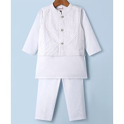 Babyhug Cotton Woven Full Sleeves Kurta Pajama Set With Embroidered Jacket - White
