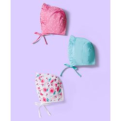 Babyhug 100% Cotton Cambric Woven Cap With Floral Print White Light Blue & Pink Pack Of 3 - Diameter 16.5 cm