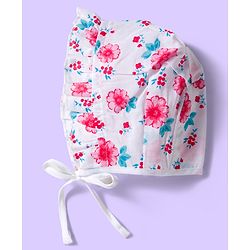 Babyhug 100% Cotton Cambric Woven Cap With Floral Print White Light Blue & Pink Pack Of 3 - Diameter 16.5 cm
