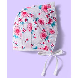 Babyhug 100% Cotton Cambric Woven Cap With Floral Print White Light Blue & Pink Pack Of 3 - Diameter 16.5 cm