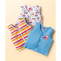 Babyhug 100% Cotton Woven Sleeveless Front Open Jhabla with Stripe & Car Print Pack of 3 - Multicolor