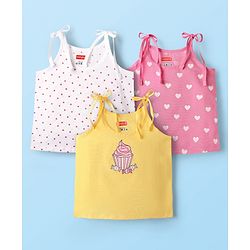 Babyhug 100% Cotton Woven Sleeveless Shoulder Tie Knot Jhabla with Polka Dots & Heart Print Pack of 3 - White Pink & Yellow