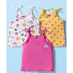 Babyhug 100% Cotton Cambric Woven Sleevesless Shoulder Tie Knot Jhabla with Hearts & Floral Print Pack of 3 - Pink Yellow & White
